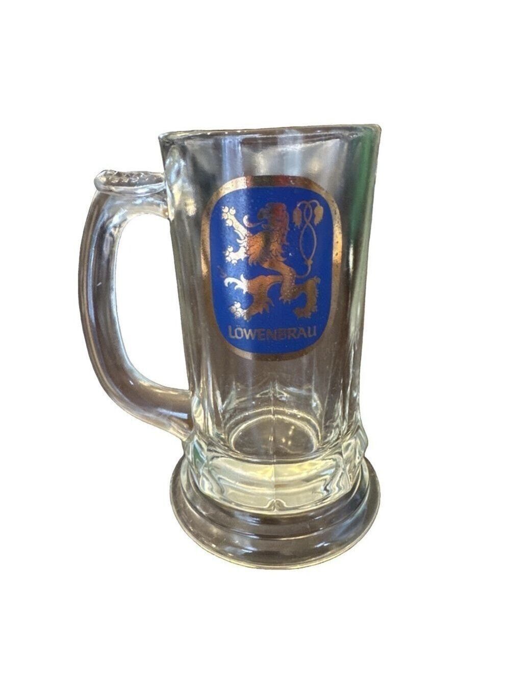 Vintage Lowenbrau Muich Heavy Glass Beer Stein / Mug. Thumb Grip Handle.